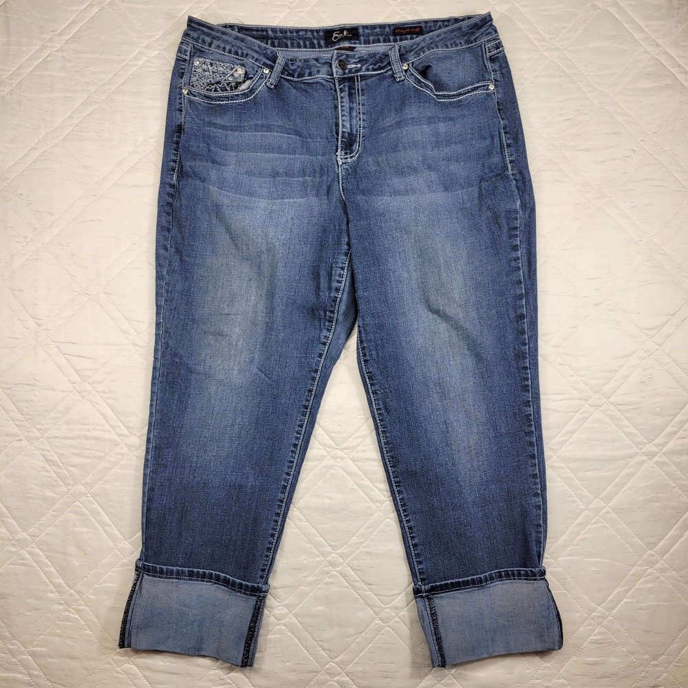 Earl Jean straight cuff‎ embellished flap pocket blue jeans size 20W